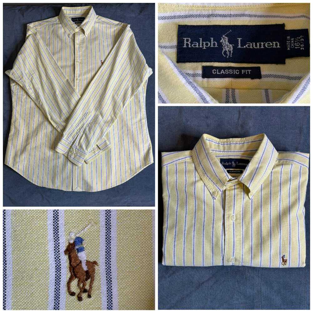 Ralph Lauren Shirt Medium Yellow Striped Knit Oxford Long Sleeve Size 16.5